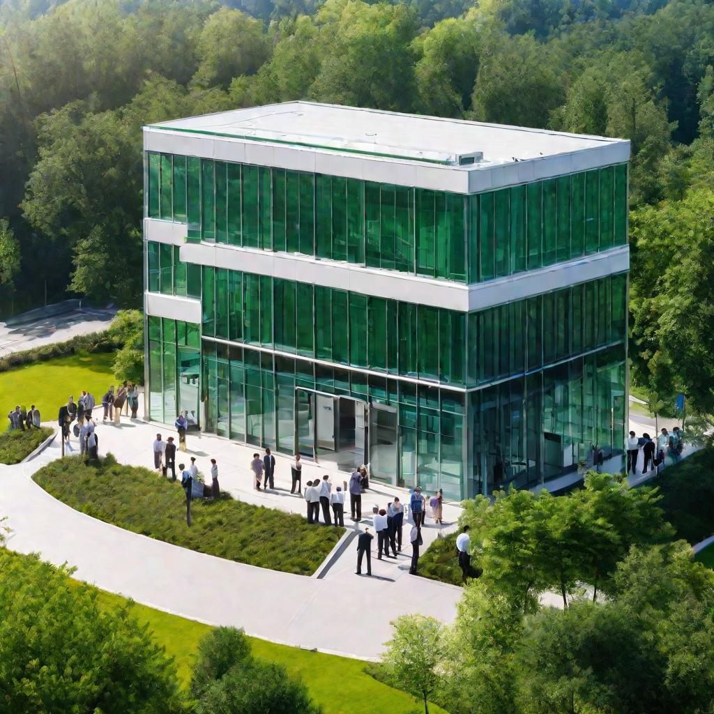 Вид сверху на современный светлый налоговый офис с очередью посетителей, которые пришли подавать документы. Летнее солнечное утро, мягкий свет из окон