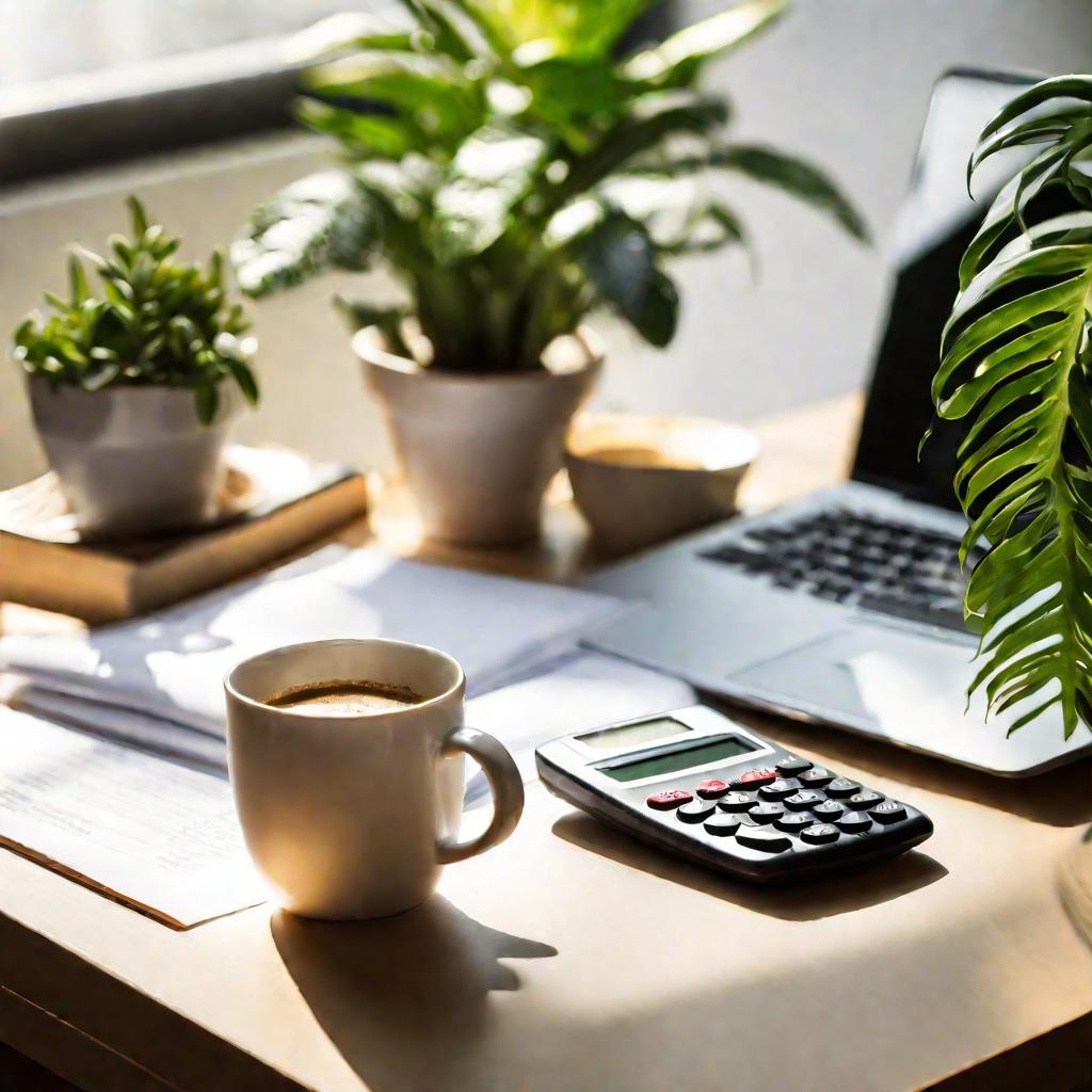 Офисный рабочий стол с налоговыми документами, калькулятором, кружкой кофе и комнатными растениями. Вид сверху, мягкое освещение из окна
