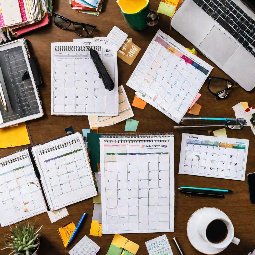 Нагромождение всевозможных ежедневников, календарей и планеров на столе.