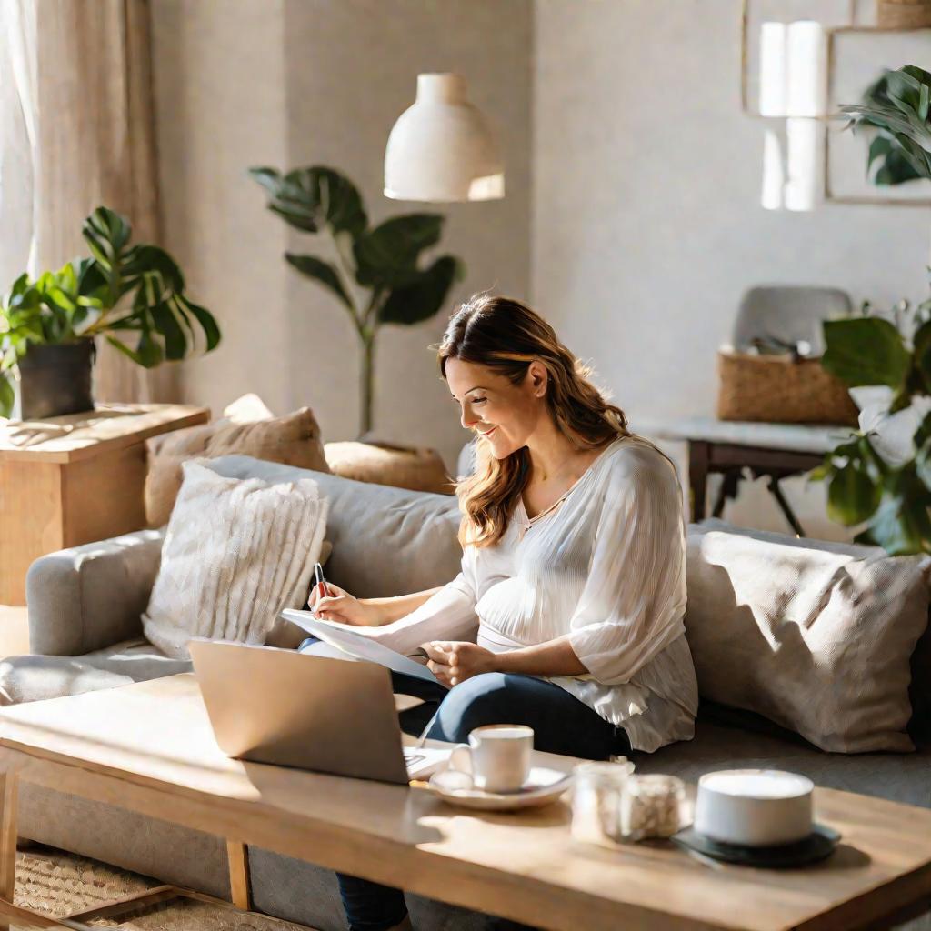 Уютная гостиная в мягком естественном освещении солнечным утром. Беременная женщина с нежной улыбкой сидит на диване и читает бумаги, держа ручку. Рядом журнальный столик с ноутбуком. Она делает пометки о подсчете дней отпуска.