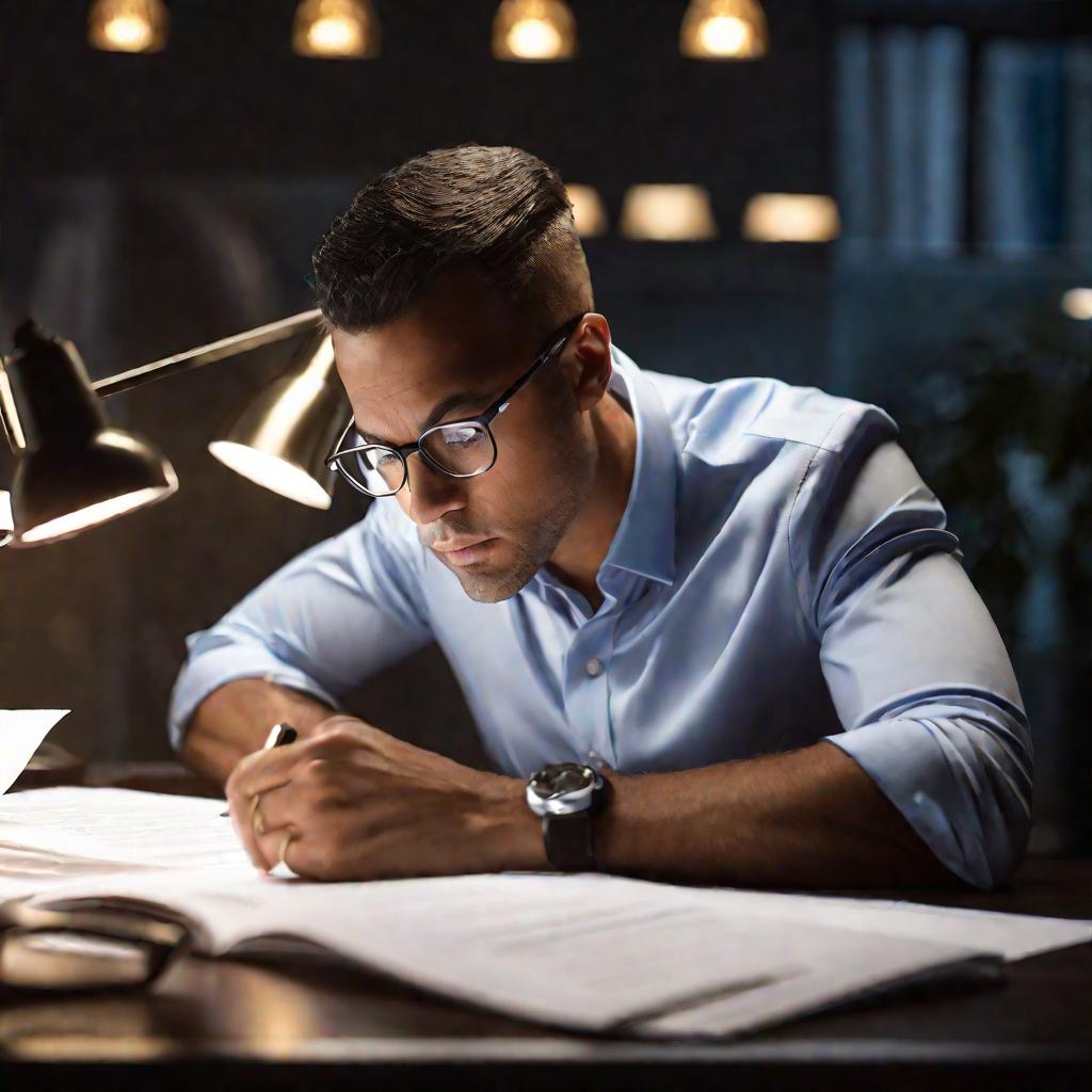 Бухгалтер в очках внимательно изучает финансовые документы упрощенной отчетности