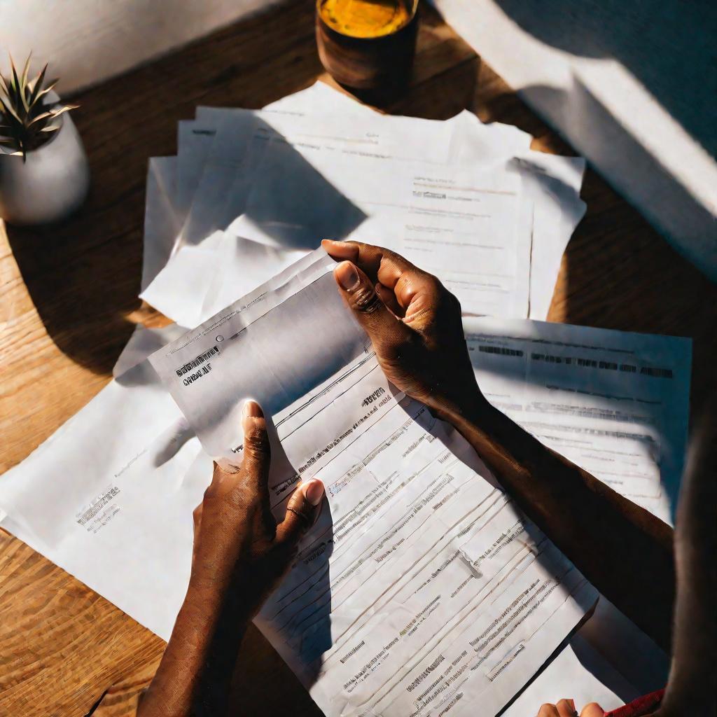 Вид сверху на открытые руки человека, держащего квитанцию за воду, с выделенными строчками. Солнечный свет струится через плечи человека, создавая яркие блики на белой бумаге. Кадр имеет холодное, деловое настроение.