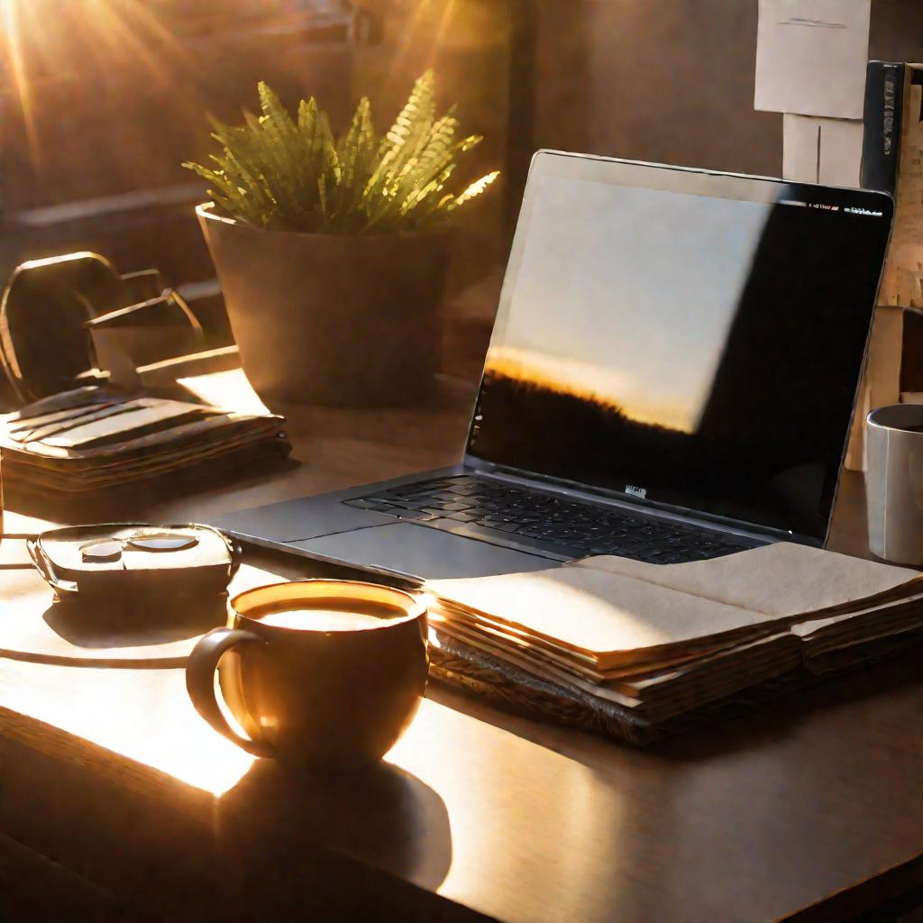 Рабочий стол с бумагами и ноутбуком, утро