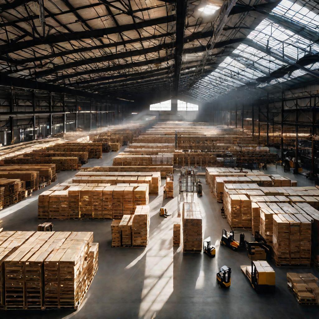 Склад, полки с товарами, погрузчики