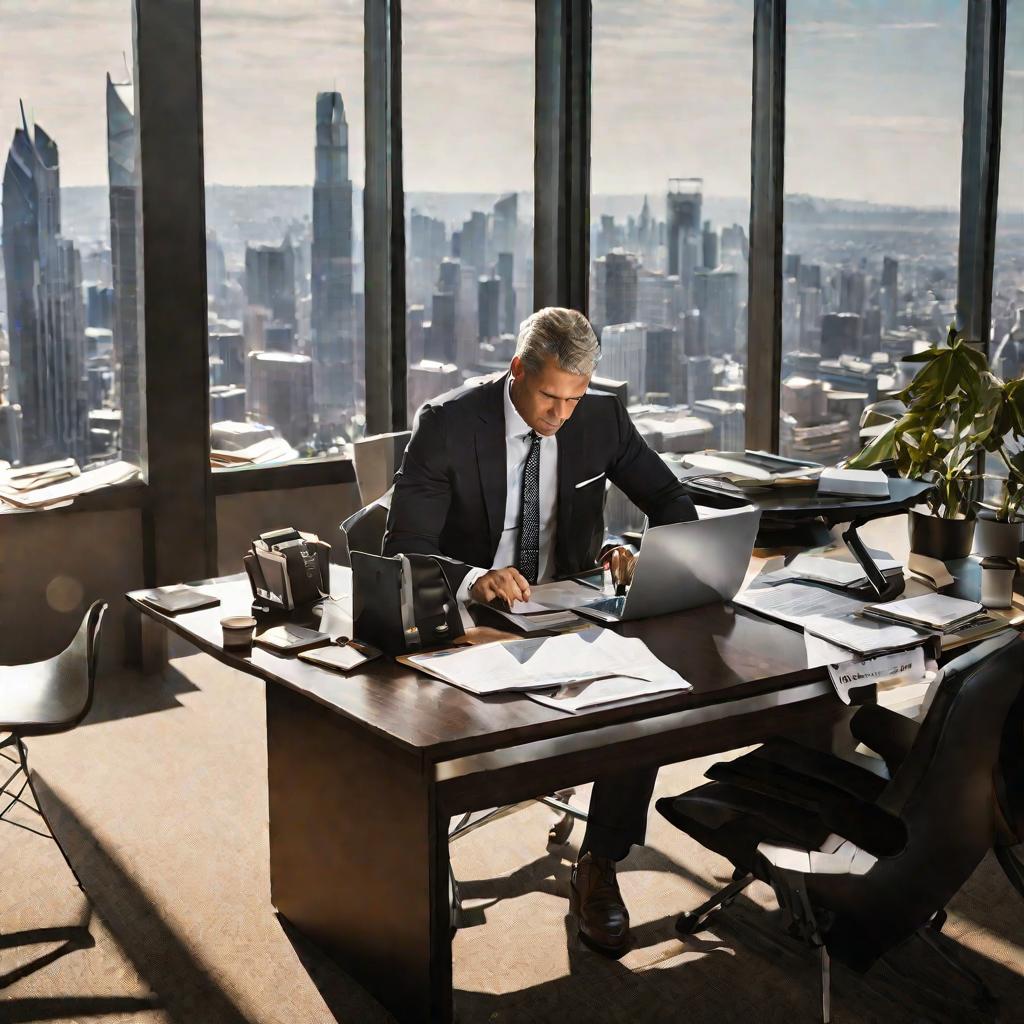 Офисный интерьер, мужчина за столом читает бумаги