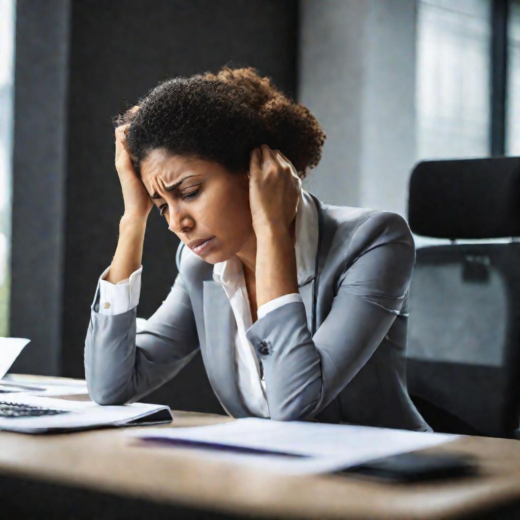 Портрет встревоженной деловой женщины в офисе.