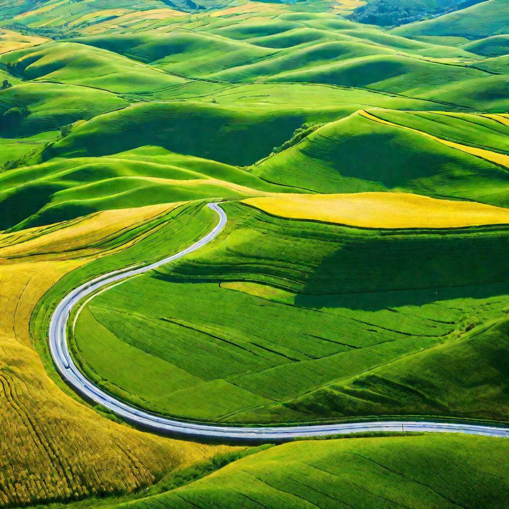 Вид сверху на извилистую сельскую дорогу, проходящую сквозь зеленые холмы и золотые пшеничные поля в солнечный летний день
