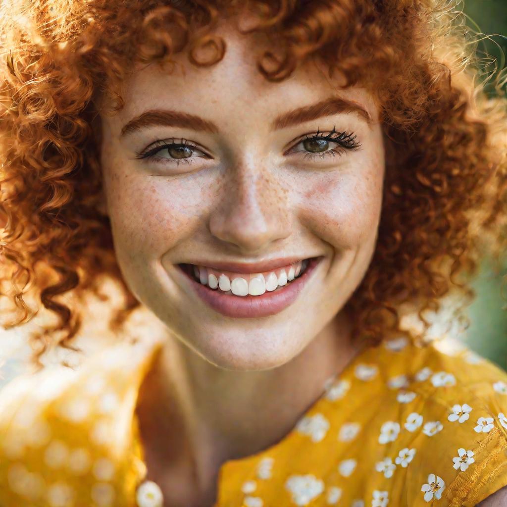 Крупный портрет молодой женщины с кудрявыми рыжими волосами, радостно улыбающейся