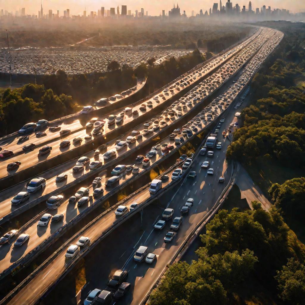 Пробка на многополосном шоссе в солнечное летнее утро