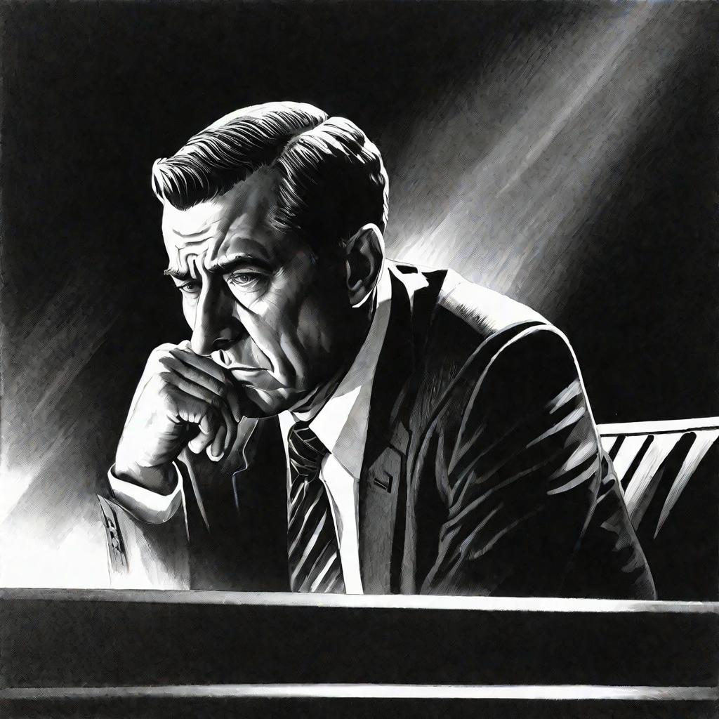 Драматичный крупный портрет обеспокоенного мужчины в костюме на скамье суда