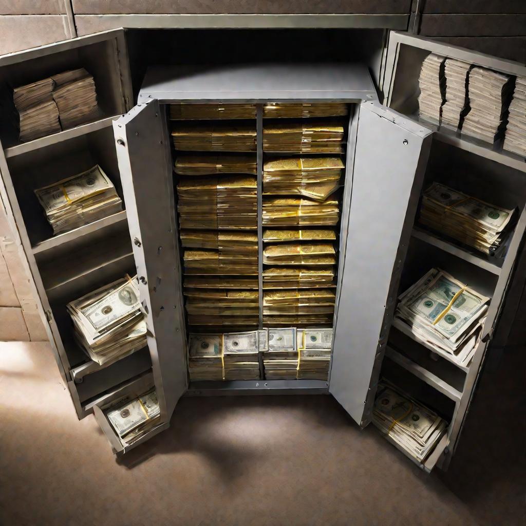 Открытый сейф, заполненный стопками денег и документами