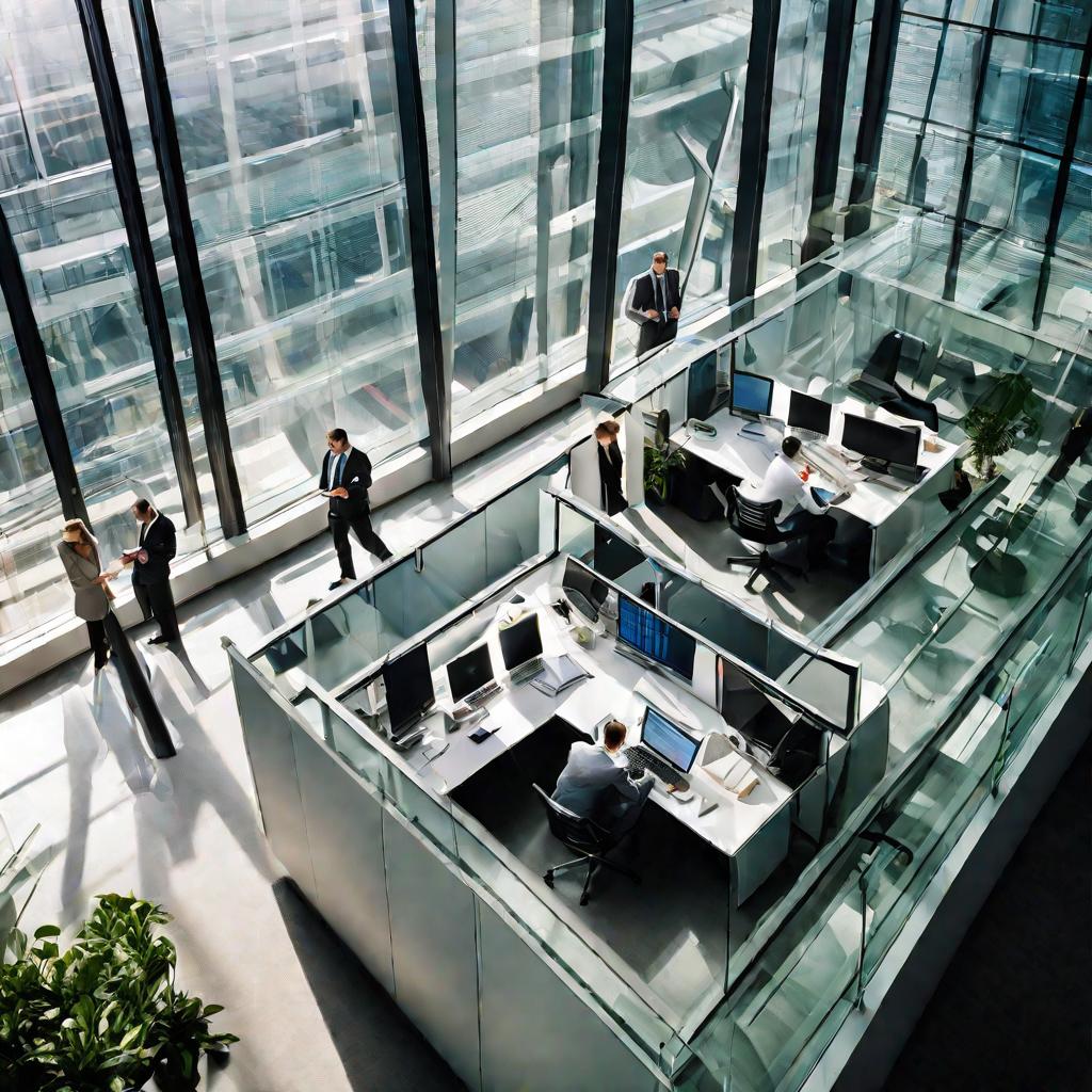 Офисный интерьер с сотрудниками, работающими с финансовыми отчетами и банковскими счетами.