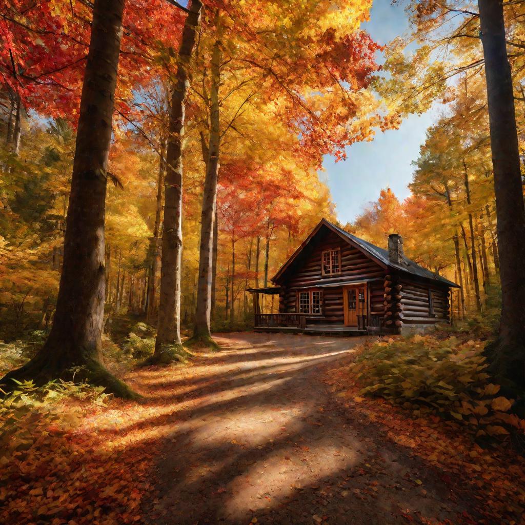 Лесная дорога, ведущая к деревянному домику в лесу.