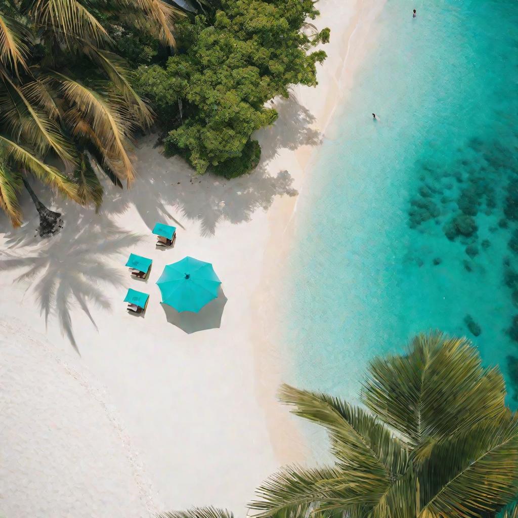 Вид сверху на тропический пляж с двумя шезлонгами, на одном из которых отдыхает человек.