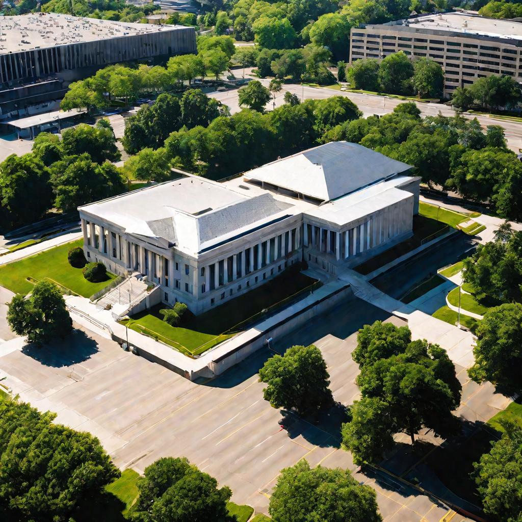 Районный суд, вид сверху, солнце, машины