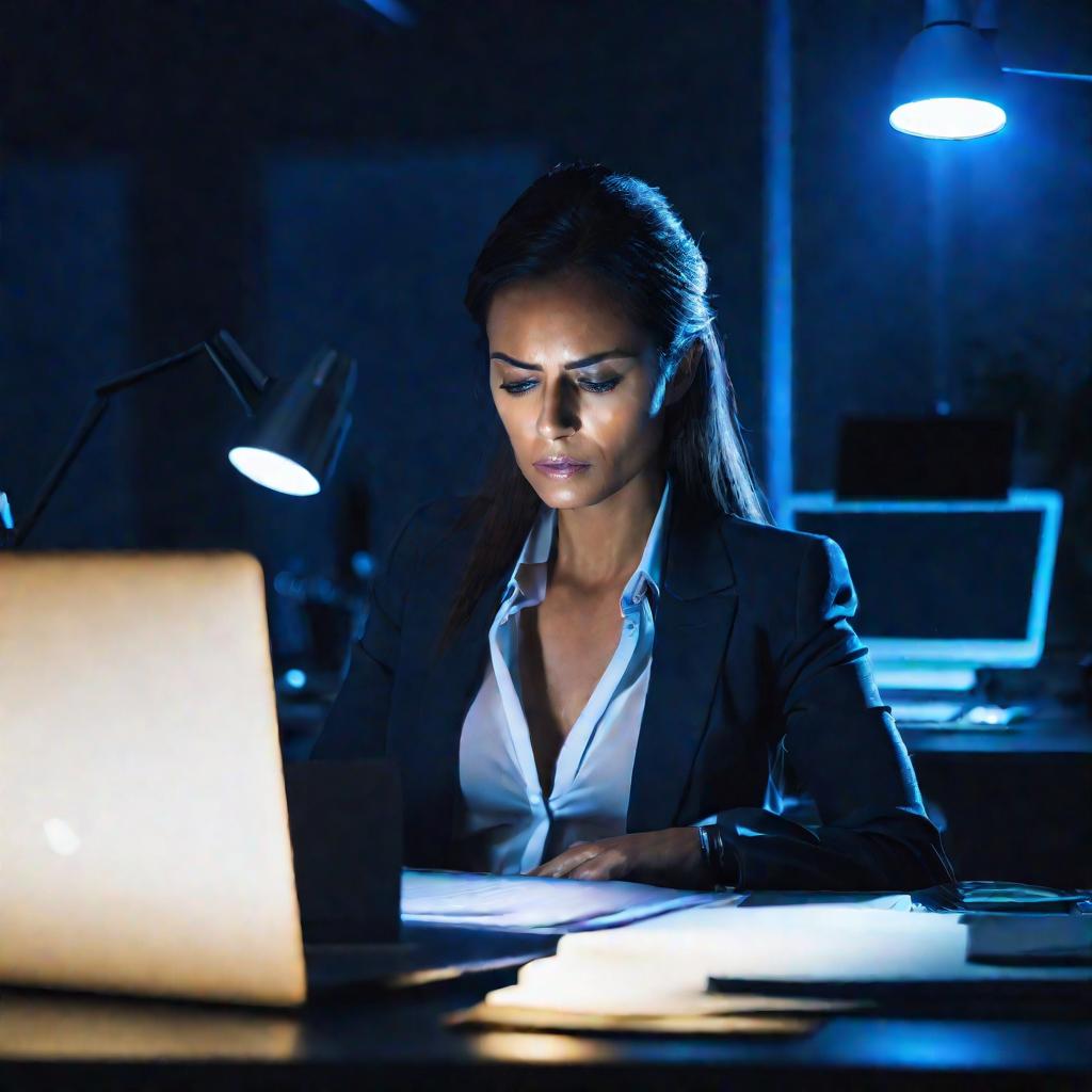Портрет вблизи усталой деловой женщины, работающей допоздна