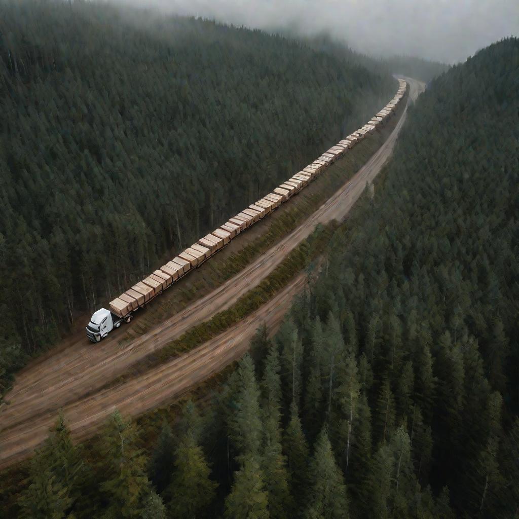 Колонна лесовозов в лесу