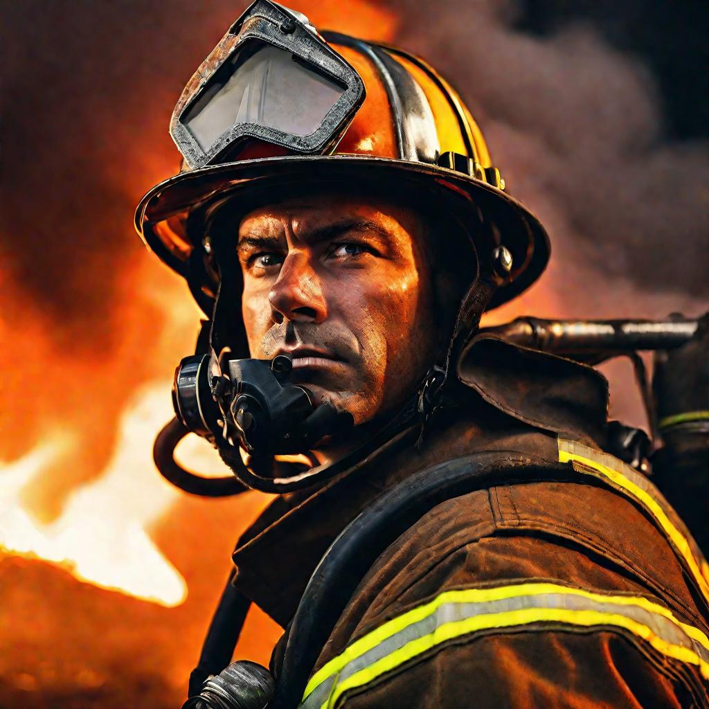 Пожарный тушит пожар