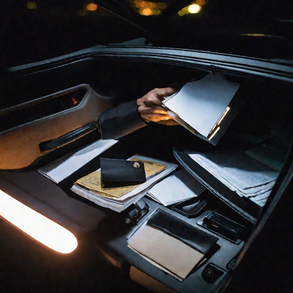 Рука инспектора обыскивает бардачок автомобиля