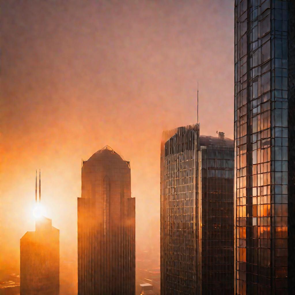 Драматичная сцена туманного восхода солнца над современным городским пейзажем из высотных стеклянных офисных зданий, снятого с высокой точки, в то время как небо светится оранжевым светом в золотой час, когда сотрудники начинают свою занятую утреннюю поез