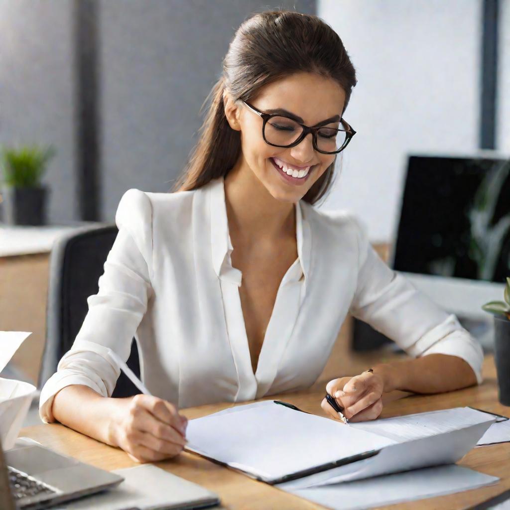 Крупный план улыбающейся молодой брюнетки в деловой одежде, сидящей за аккуратным столом в светлом офисе и усердно записывающей заметки в бланке, выглядя уверенно во время эффективной работы с документацией в своей роли в отделе кадров.