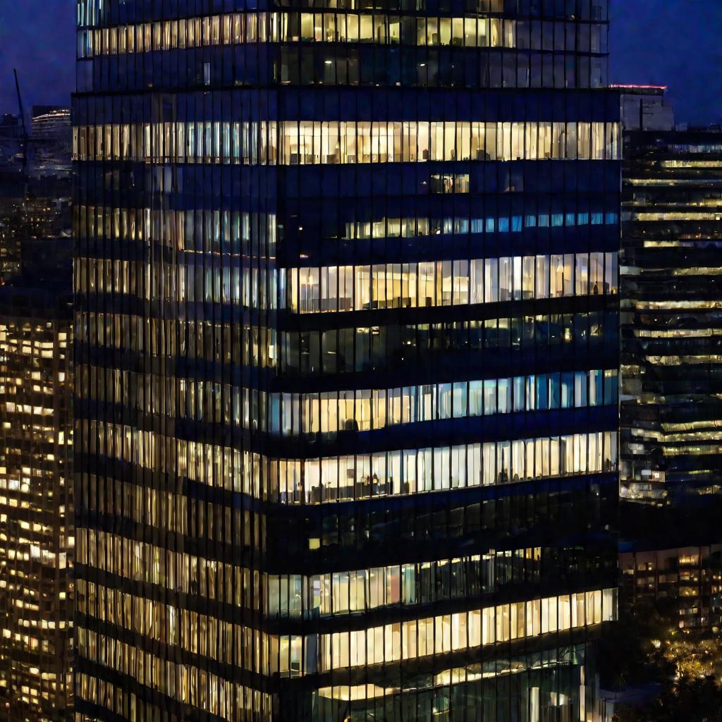 Высотное офисное здание в синий час. В окнах виден свет, сотрудники работают допоздна