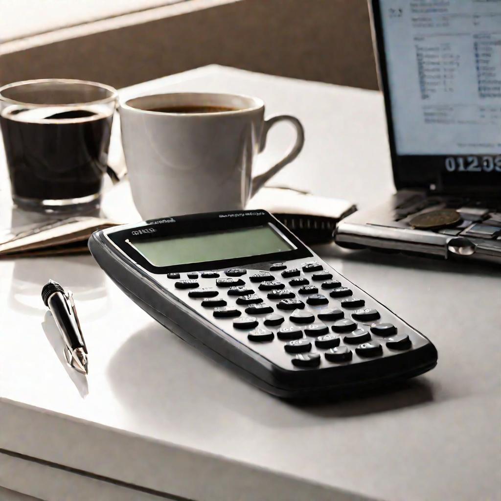 На столе калькулятор, блокнот, ручка, кружка и ключи от машины