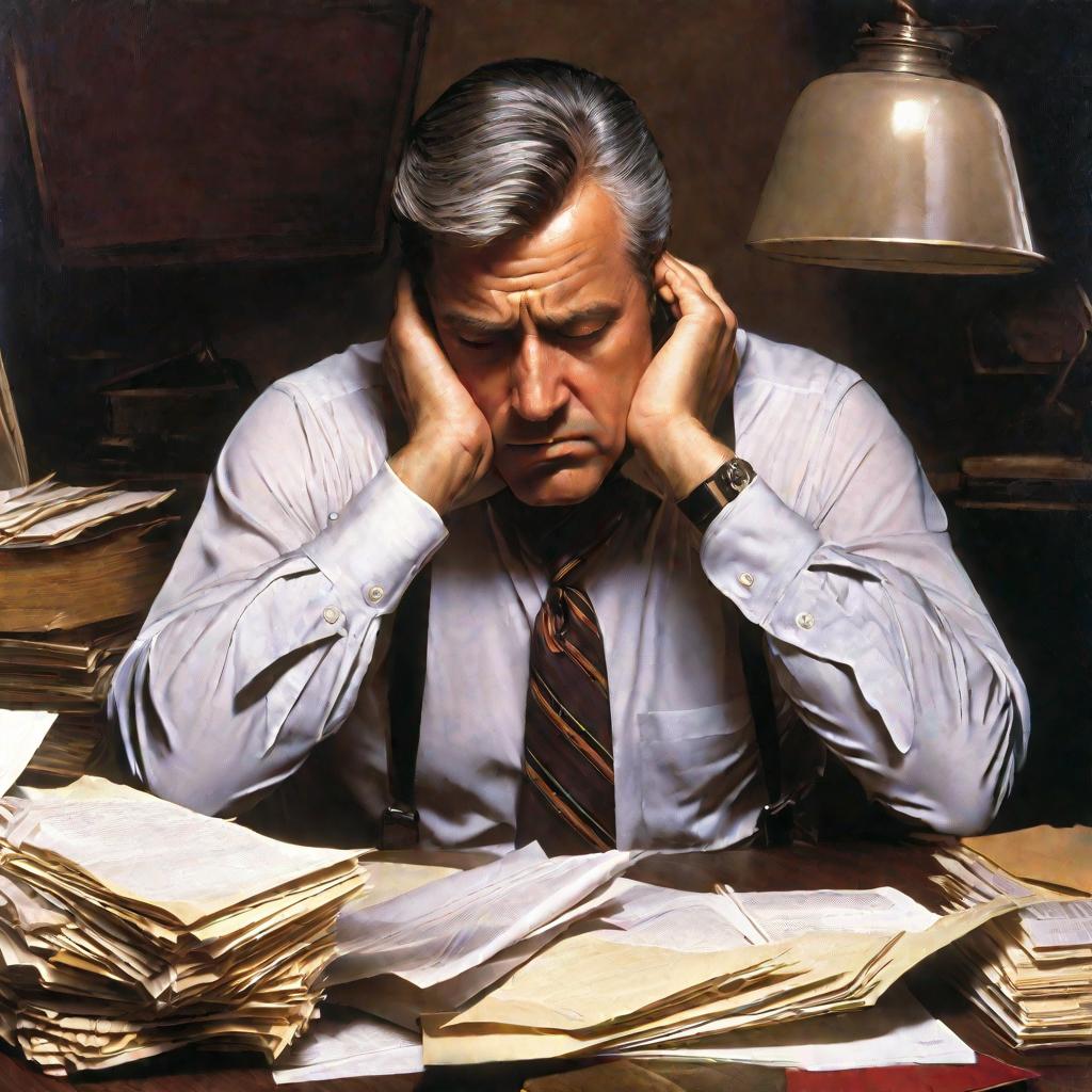 Крупный план портрета подавленного мужчины средних лет, сидящего за заваленным документами столом и закрывшего лицо руками. На нем надета рубашка с закатанными рукавами и расслабленный галстук на шее. Теплый свет сверху подчеркивает морщины на его лбу, по