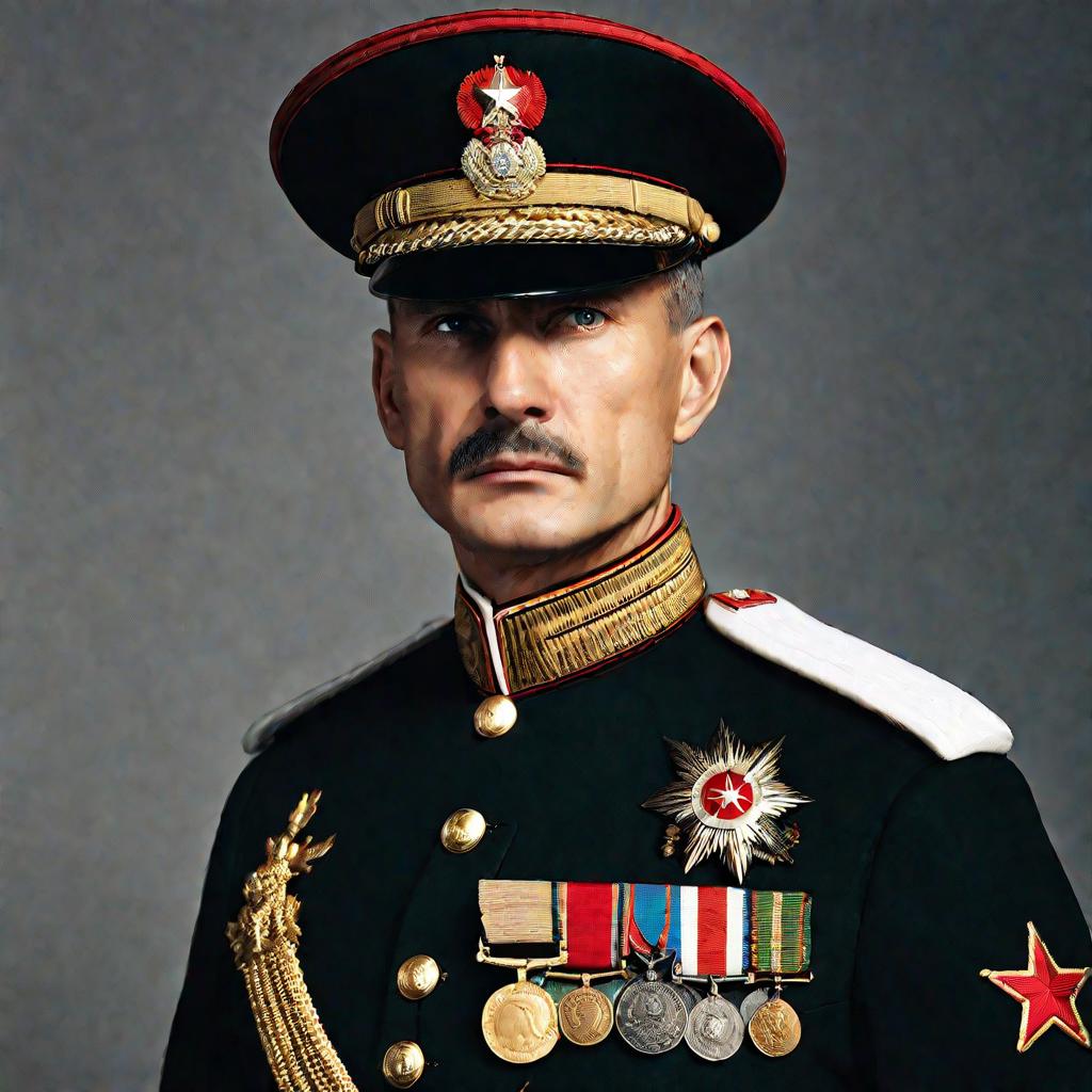 Портрет российского офицера в парадной форме с медалями вблизи