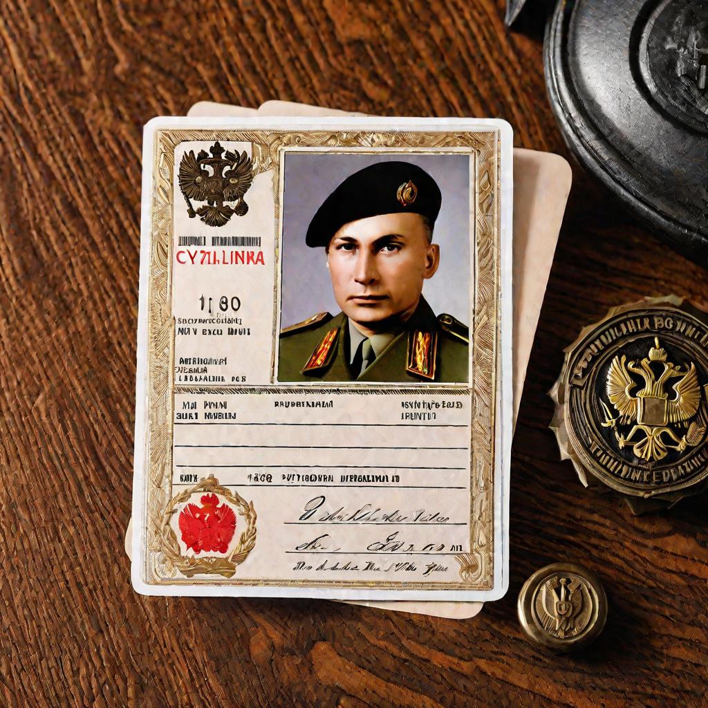 Вид сверху на открытое удостоверение личности российского военнослужащего на столе