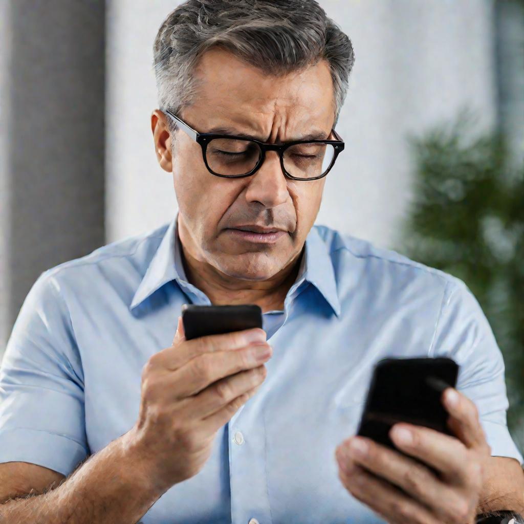 Мужчина смотрит на экран смартфона с уведомлением о задолженности.