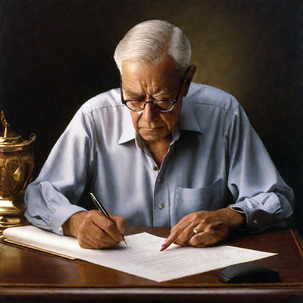 Портрет пожилого мужчины, подписывающего документ