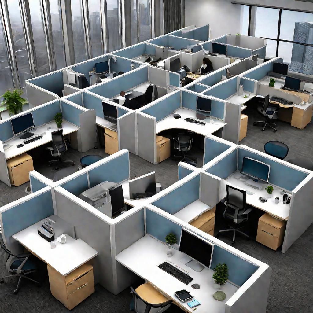 вид сверху на офис с множеством сотрудников за компьютерами