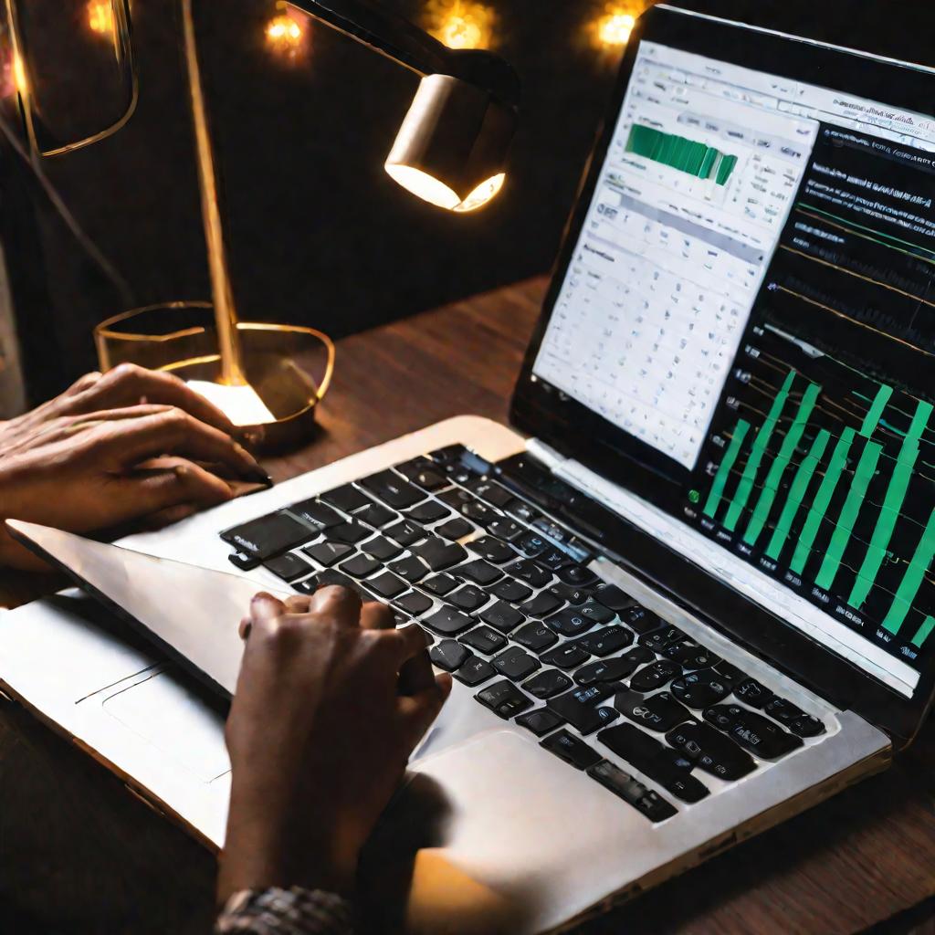 руки вводят данные в эксель на ноутбуке ночью