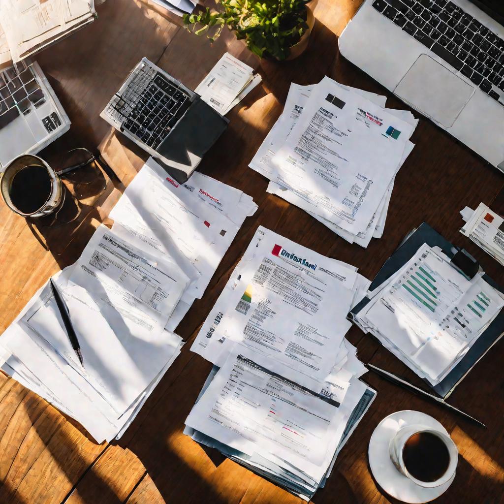 Вид сверху на стол, на котором разложены различные финансовые отчеты и документы.