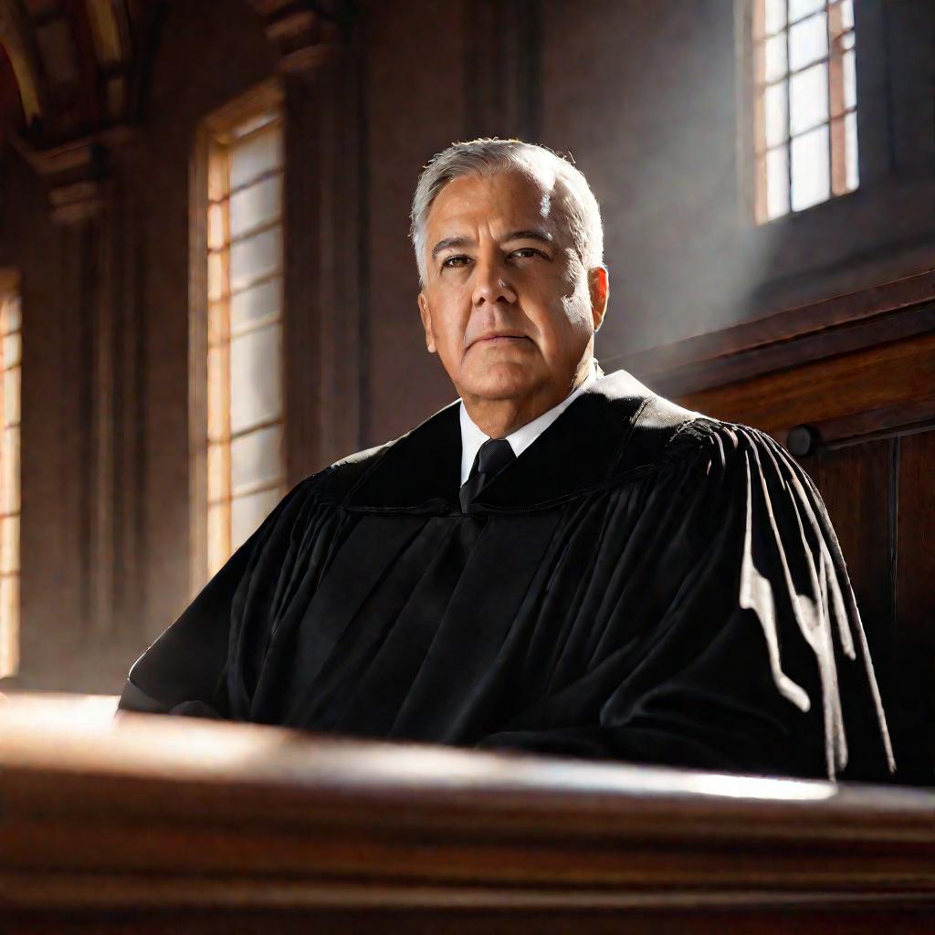 Портрет судьи в мантии на рабочем месте в светлом зале суда.
