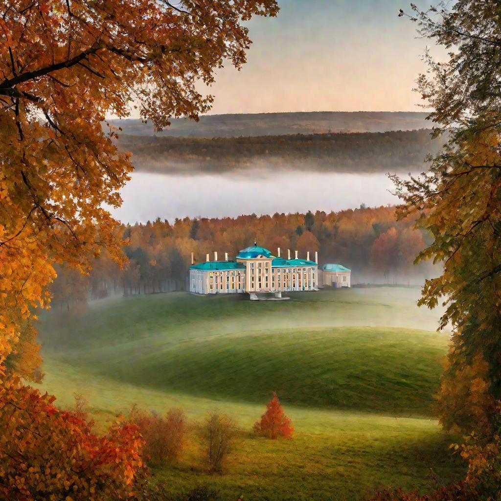 Широкий вид усадьбы Строганова под Москвой в туманное осеннее утро