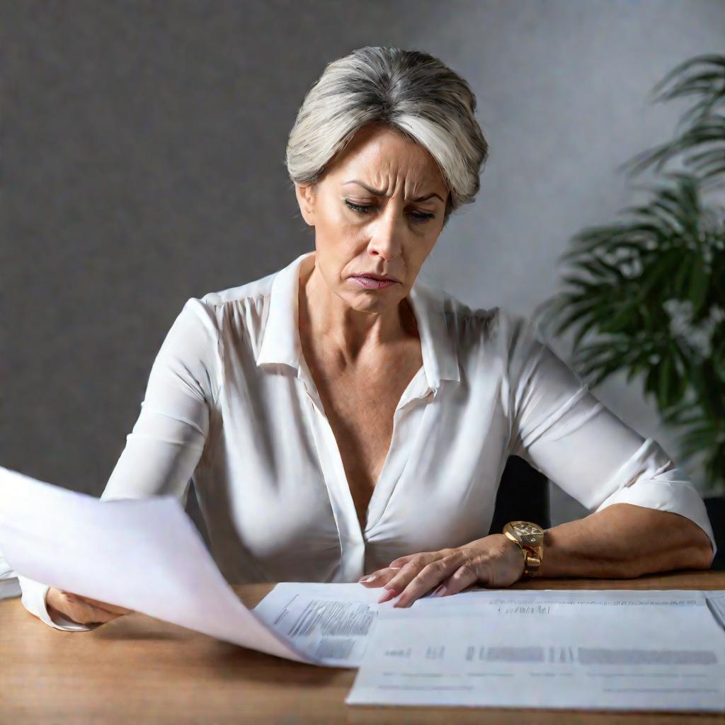 Женщина с тревожным выражением лица изучает документ
