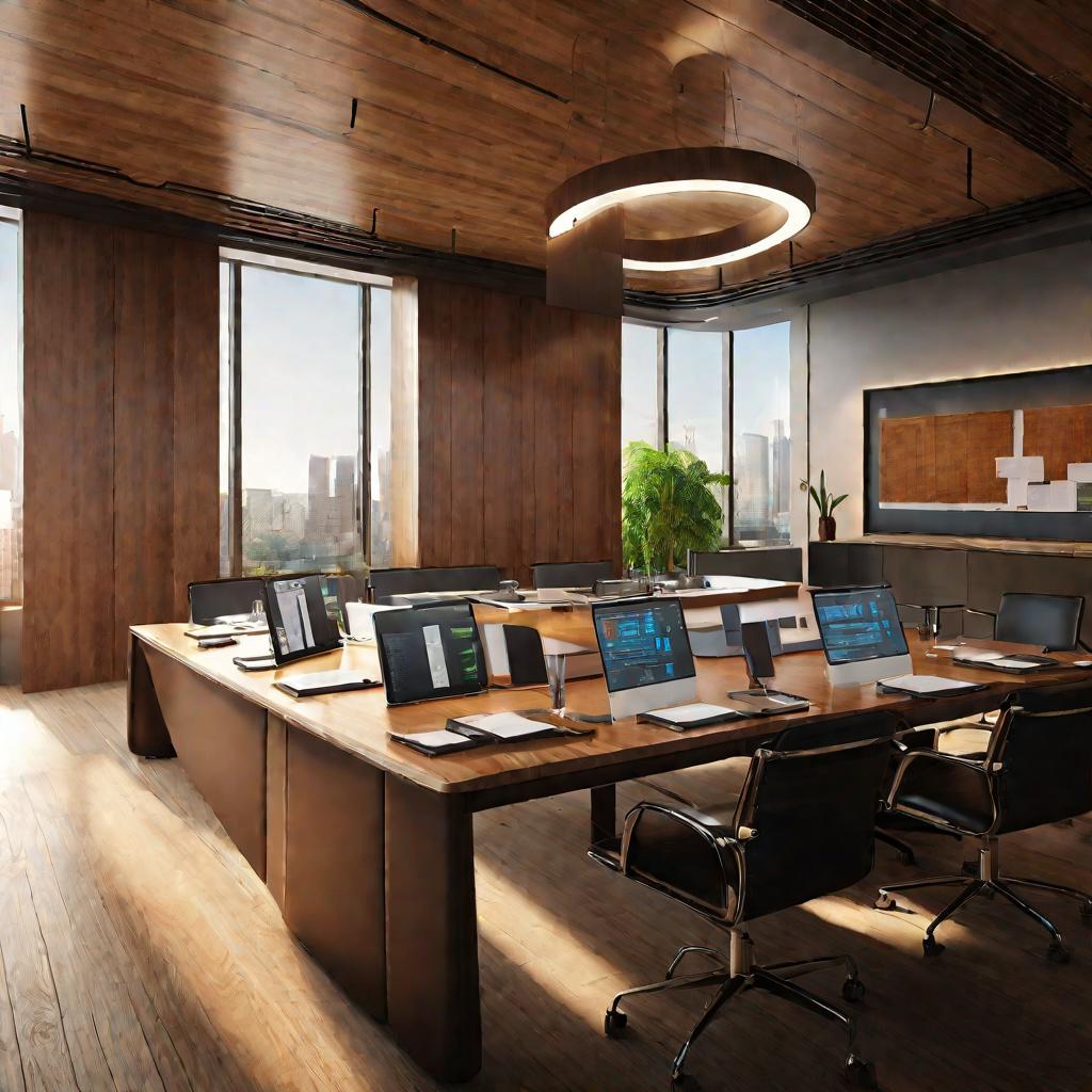 Конференц-зал с деревянным столом, техникой и креслами.