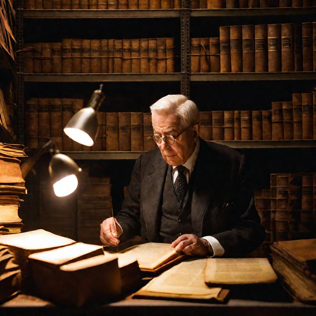 Портрет пожилого мужчины-архивиста в слабо освещенном помещении архивохранилища