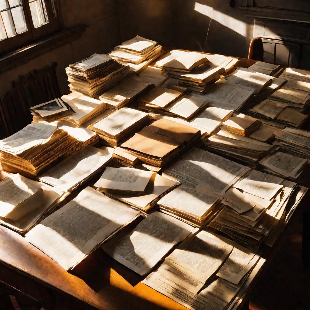 Вид сверху на большой стол, заставленный разнообразными старыми документами и фотографиями