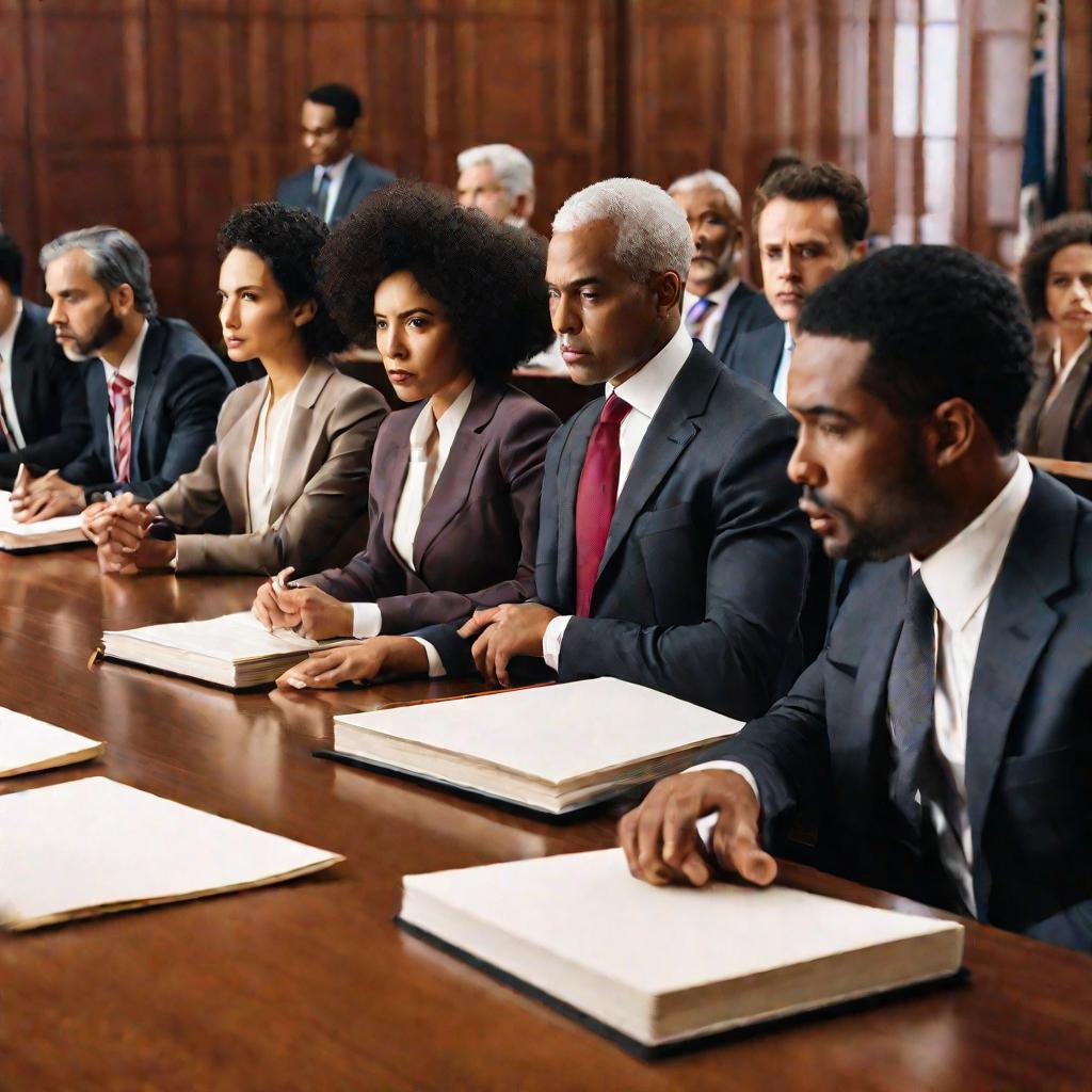 Крупный портрет разнообразного жюри, сидящего за большим деревянным столом в ярко освещенной конференц-зале. У людей разных национальностей серьезные, сосредоточенные лица, они изучают папки с доказательствами и документы.