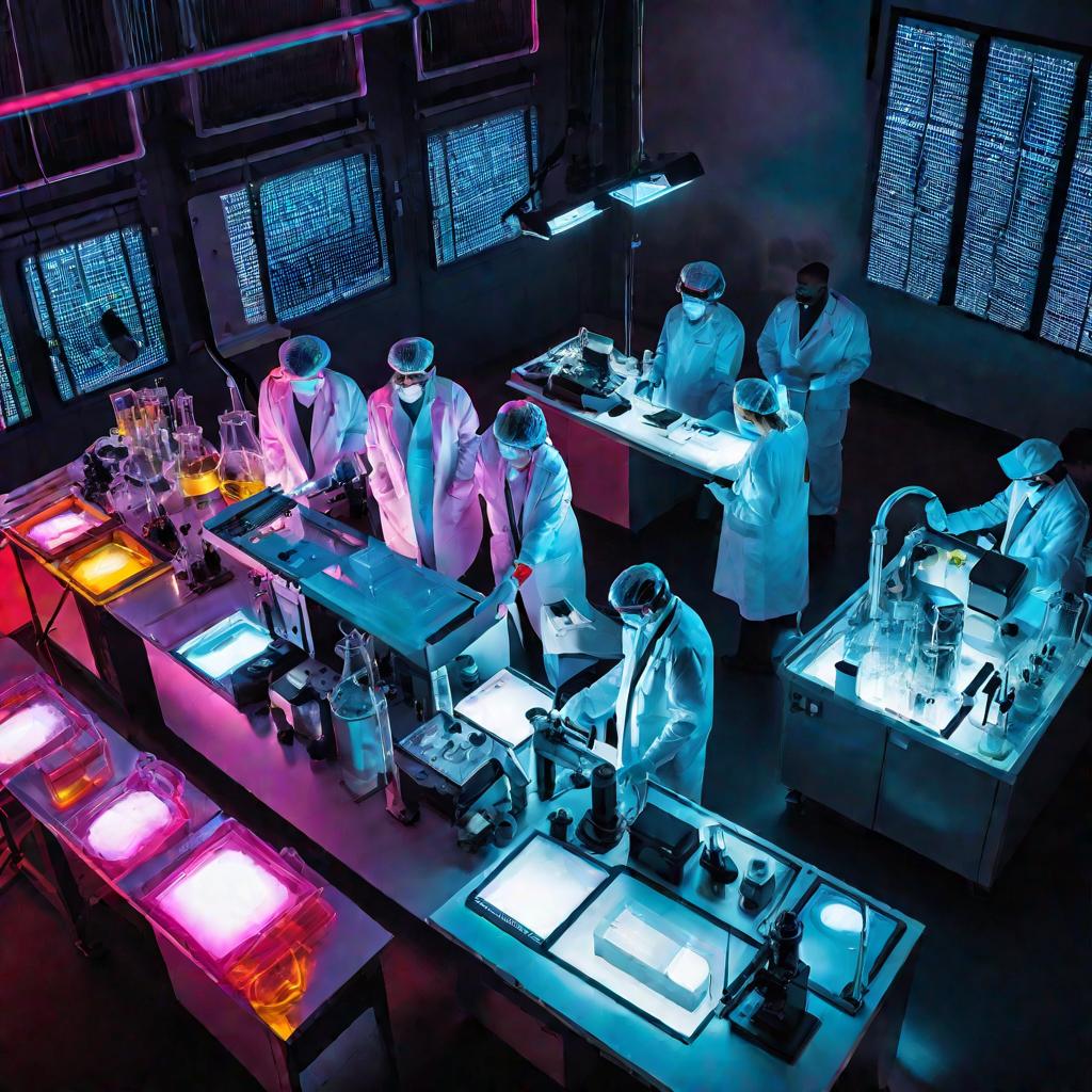 Вид сверху на полицейскую криминалистическую лабораторию, наполненную высокотехнологичным оборудованием. В центре группа ученых в халатах наклонились над столом, изучая улики, а вокруг них в колбах светятся разноцветные жидкости.