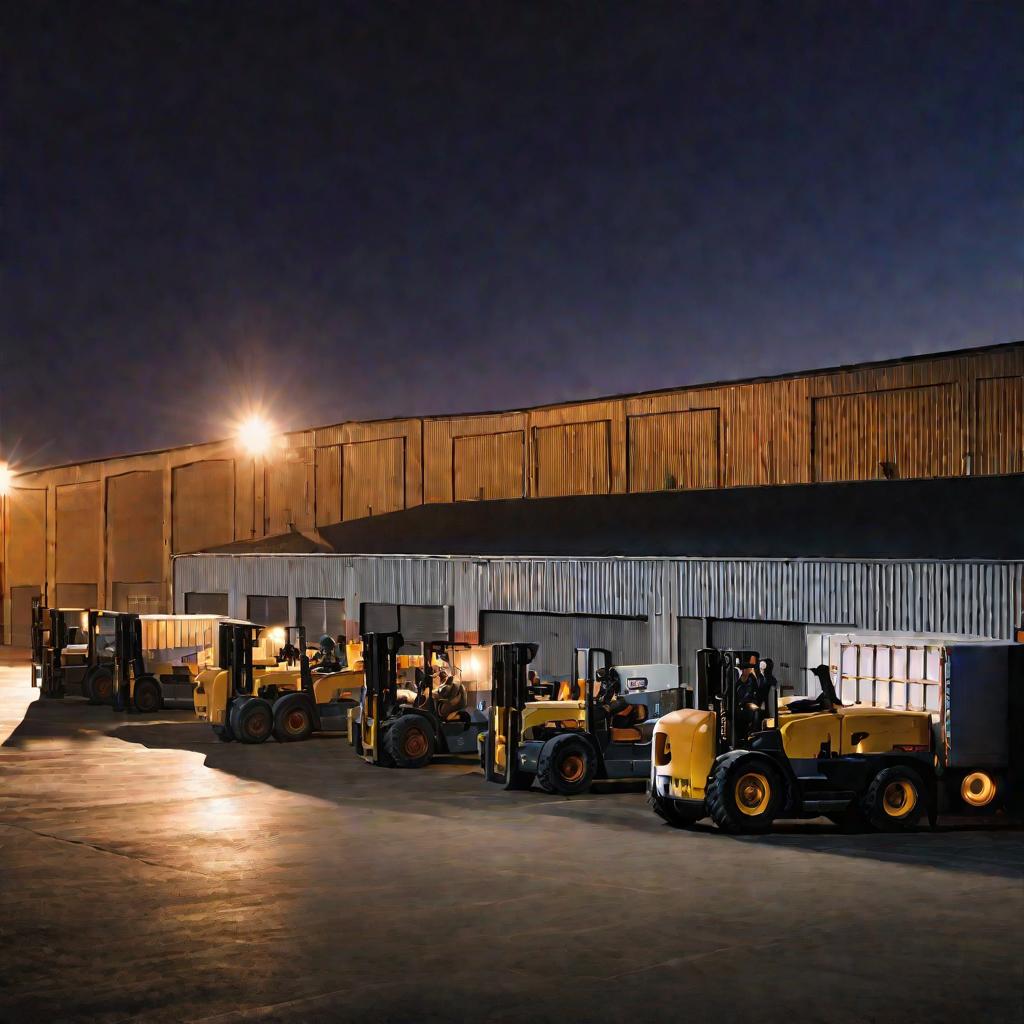 Разгрузка грузовиков у склада на закате