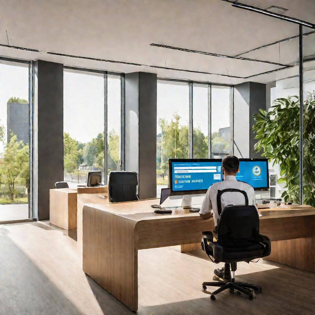 Широкий план современного офисного интерьера с большими окнами и дневным светом летом. На переднем плане деревянная стойка регистрации, за которой сидит молодой человек в форме, смотрящий на экран компьютера. На экране открыто окно браузера с официальным 