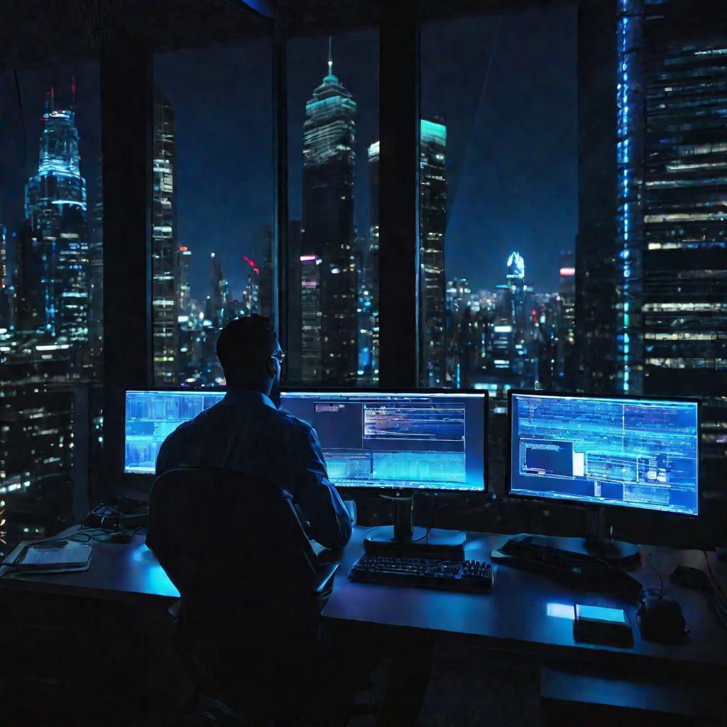 Программист работает ночью в офисе при синем свете мониторов на фоне ночного города за окном