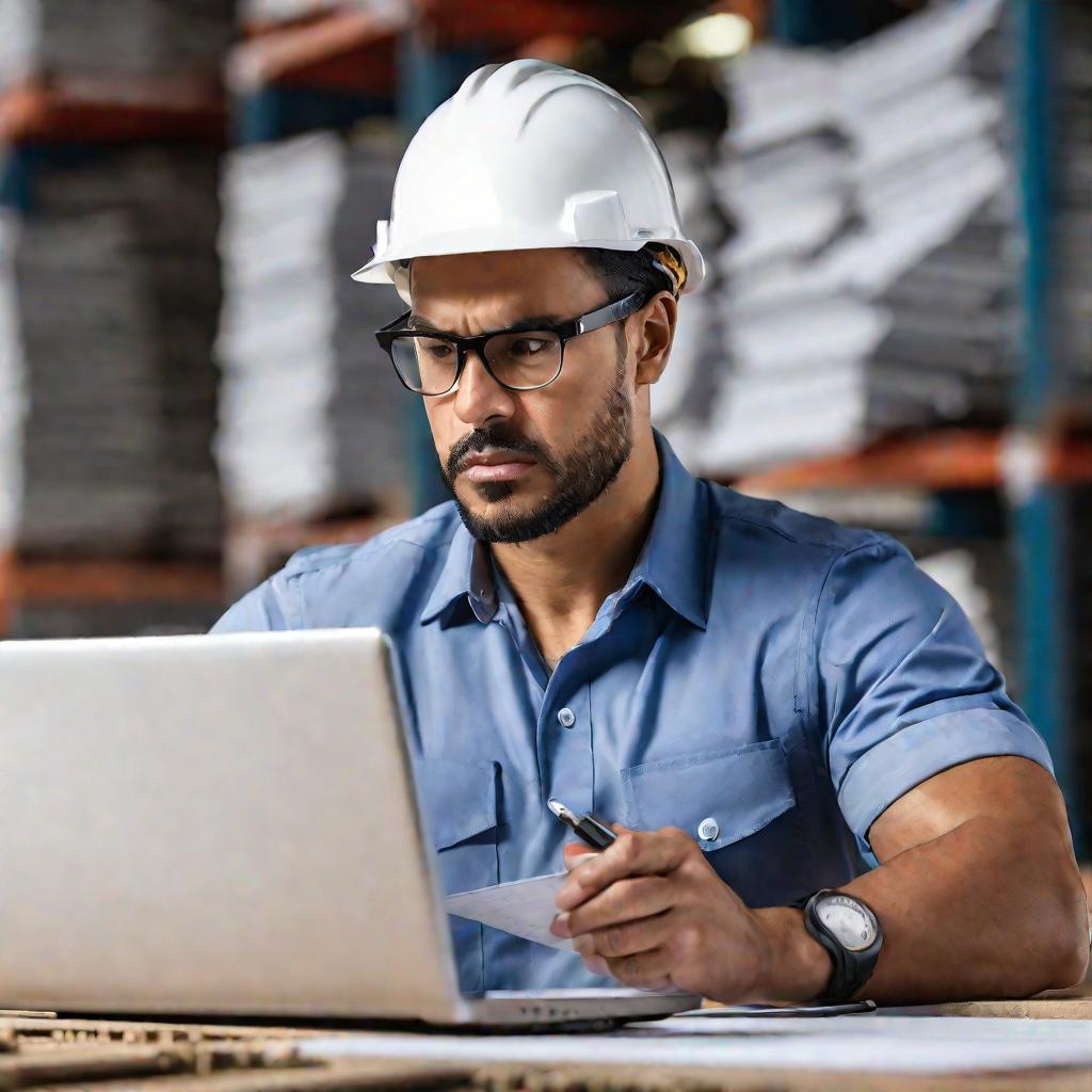 Крупный портрет менеджера строительства в каске, просматривающего подробную электронную таблицу на ноутбуке. Его нахмуренные брови и сосредоточенное выражение передают серьезную точность, требуемую при подготовке точных сметных расчетов. Фон размыт.