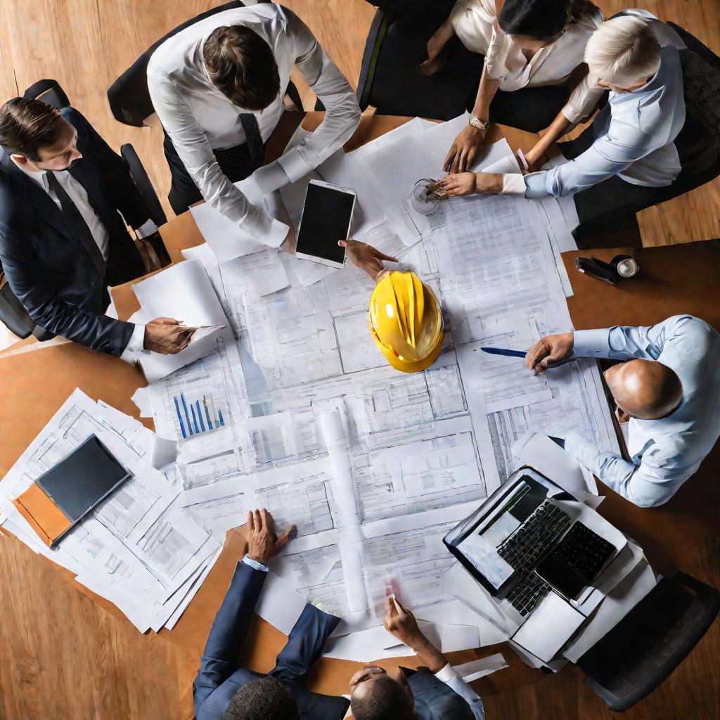 Вид сверху на стол конференц-зала, заваленный строительными планами и документами, освещенный подвесной лампой. Инженеры указывают детали на планах, в то время как руководитель проекта просматривает смету в электронной таблице. Организованный хаос отражае
