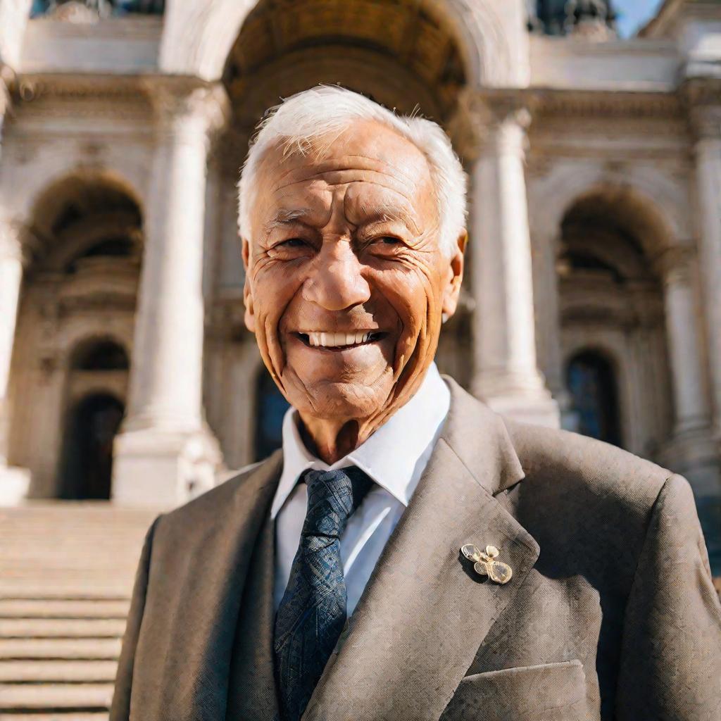 Крупный план портрета улыбающегося пожилого мужчины в костюме, стоящего перед изысканным историческим зданием суда. Дневной свет мягкий и золотистый, освещает его морщинистое лицо. Он смотрит прямо в камеру с жизнерадостным, энергичным выражением лица.