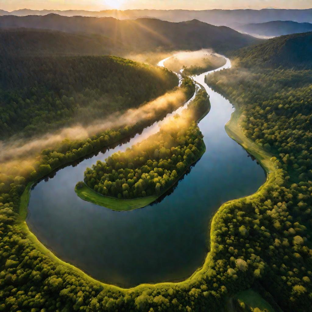 Вид с высоты с беспилотника, смотрящий вниз на извилистую реку, протекающую через ярко-зеленую долину, окруженную лесистыми горами. Сцена освещена теплым золотистым светом восходящего солнца. Над водой висит туман.